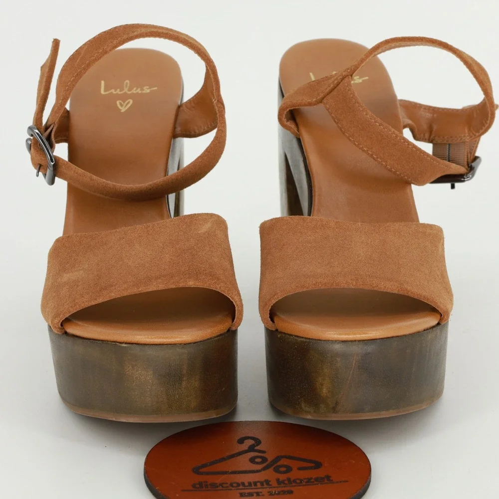Lulus Lolita Leather Cognac Suede Wooden Platform Heels Size 8 Chunky Retro Boho